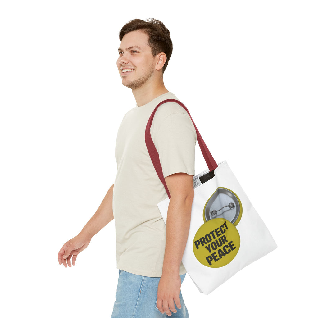 Protect Your Peace Tote Bag — Inspirational Yellow Button Graphic Tote