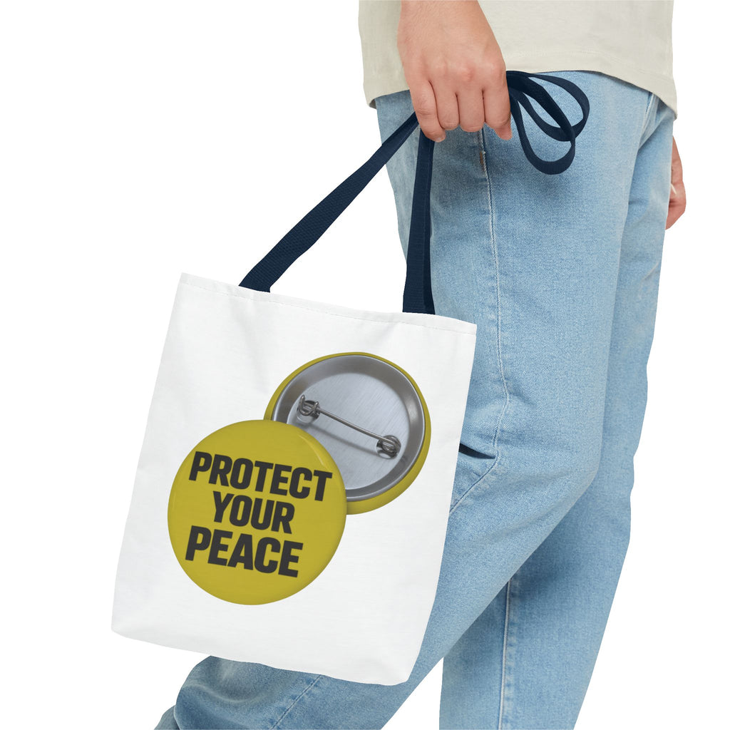 Protect Your Peace Tote Bag — Inspirational Yellow Button Graphic Tote