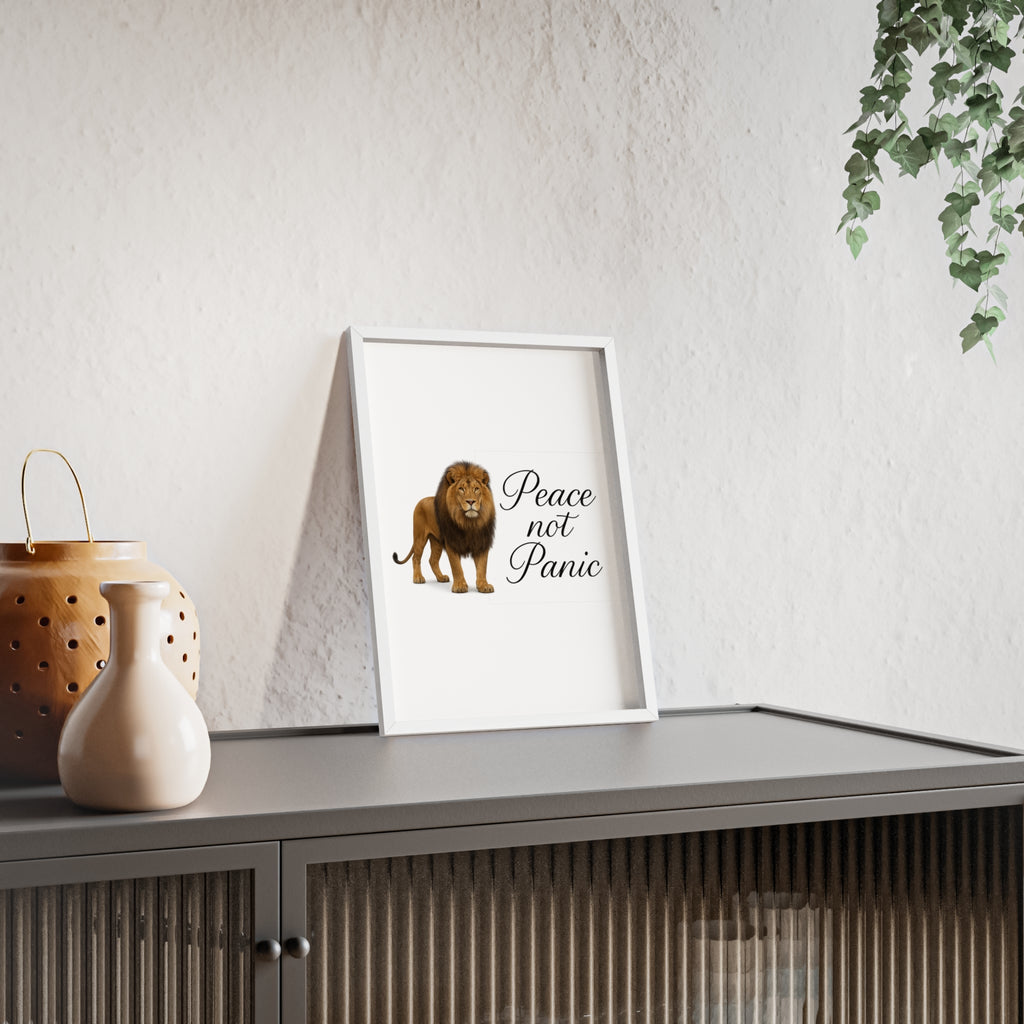 Peace Not Panic Lion Poster with Wooden Frame — Calming Wall Art for Home & Office