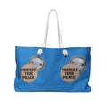 Protect Your Peace Weekender Bag — Blue Travel Tote with Button Badge Design