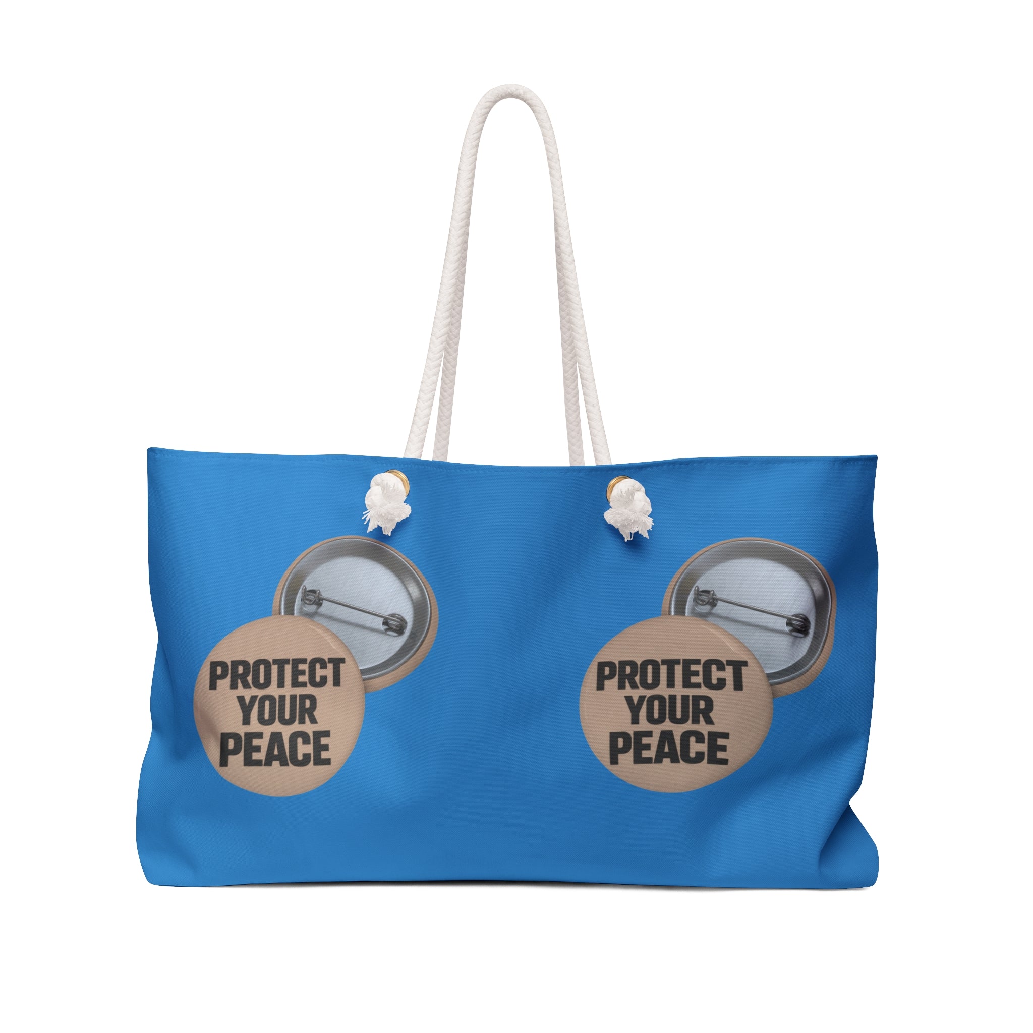 Protect Your Peace Weekender Bag — Blue Travel Tote with Button Badge Design