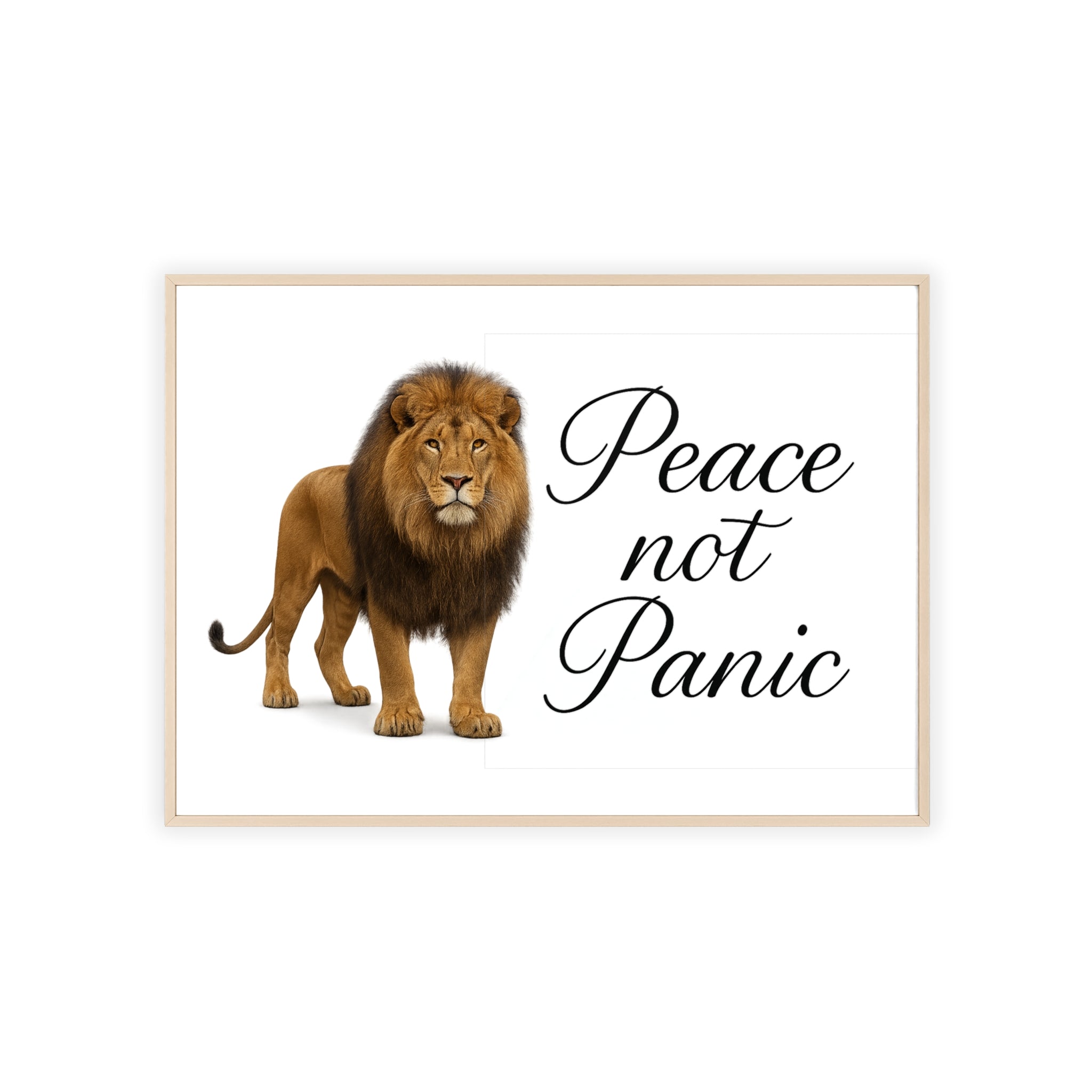 Peace Not Panic Lion Poster with Wooden Frame — Calming Wall Art for Home & Office