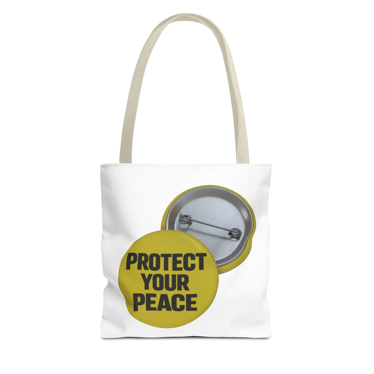 Protect Your Peace Tote Bag — Inspirational Yellow Button Graphic Tote