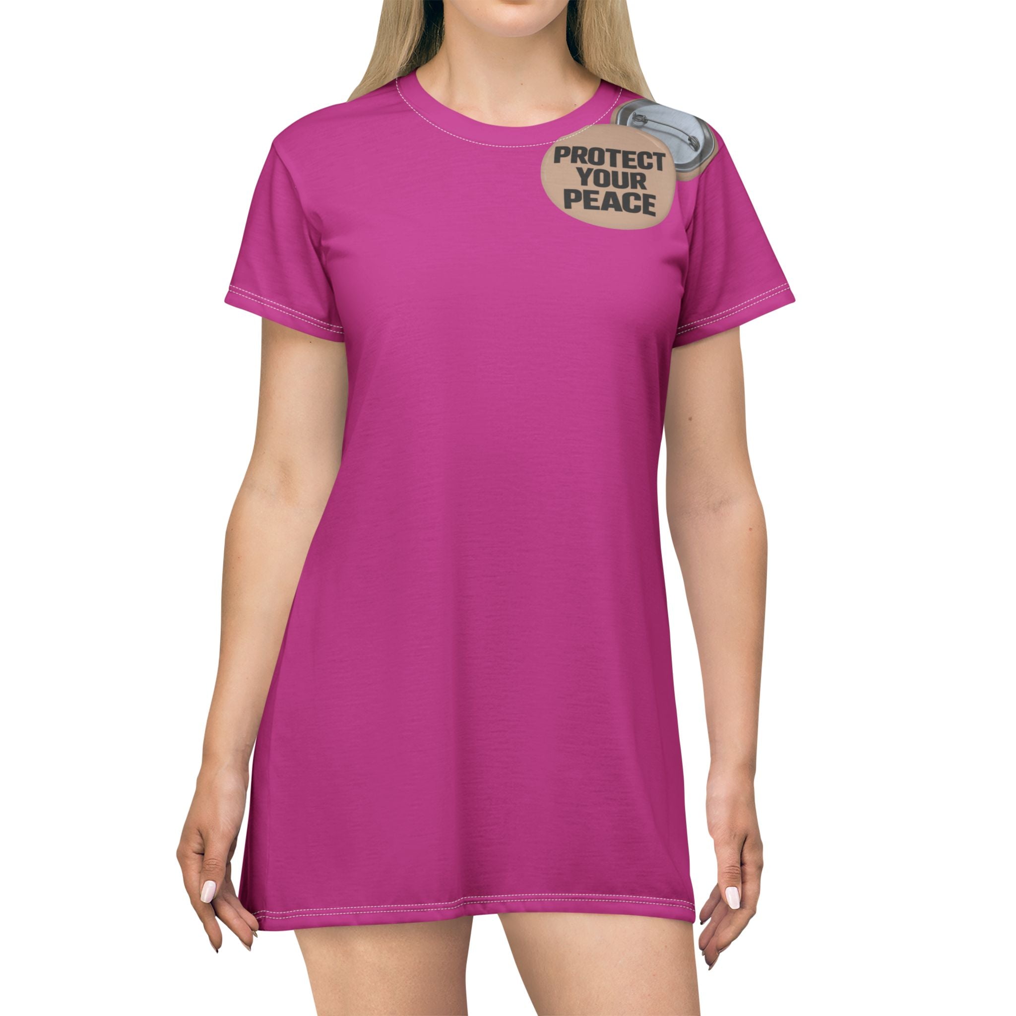 Protect Your Peace T-Shirt Dress — Bold Pink AOP Graphic Dress
