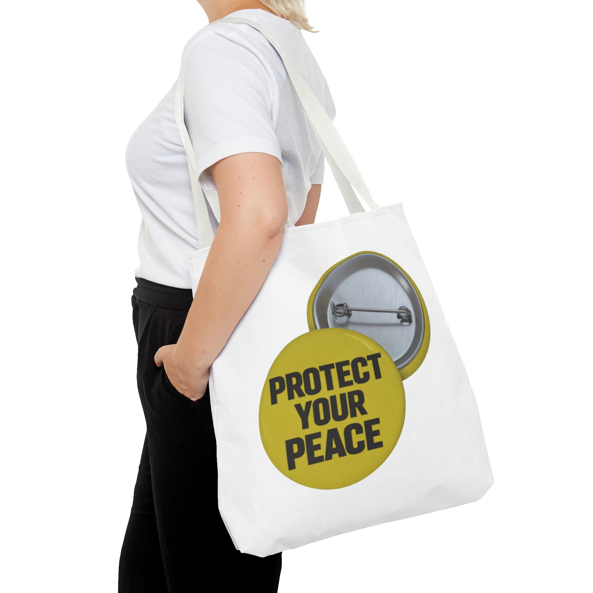 Protect Your Peace Tote Bag — Inspirational Yellow Button Graphic Tote