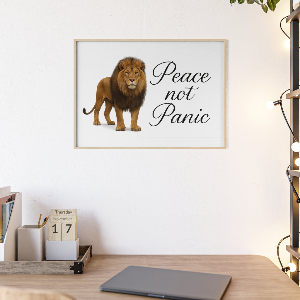 Peace Not Panic Lion Poster with Wooden Frame — Calming Wall Art for Home & Office