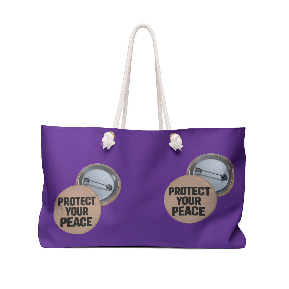 Protect Your Peace Weekender Bag — Purple Travel Tote with Motivational Button Design