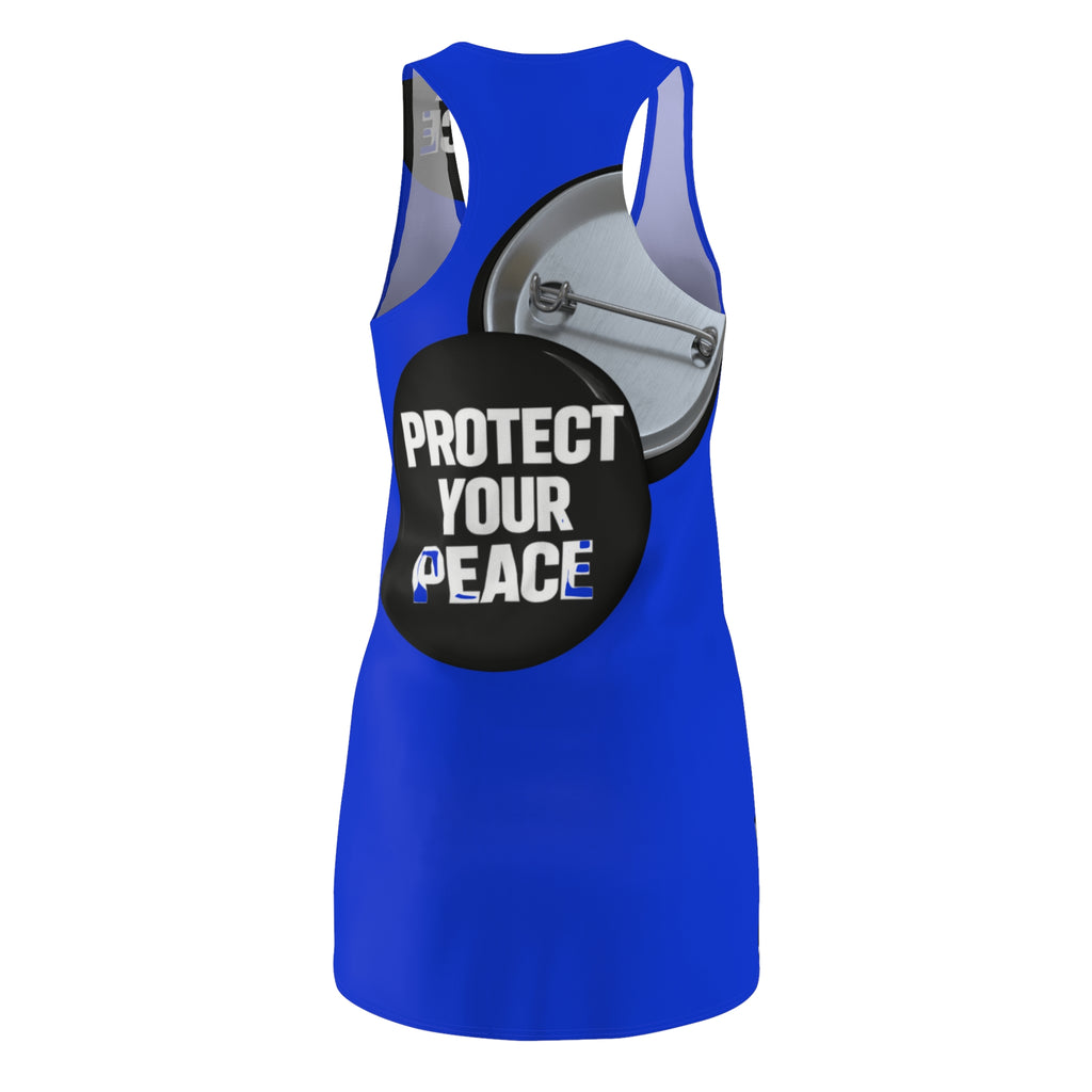 Racerback Dress — 'Protect Your Peace' Button Print, Blue All-Over-Print