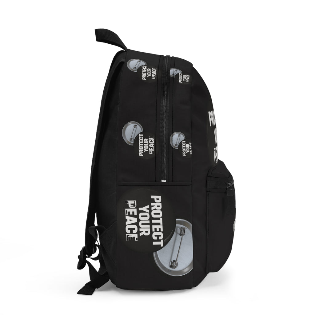 Protect Your Peace Backpack – Black Button graphic design .
