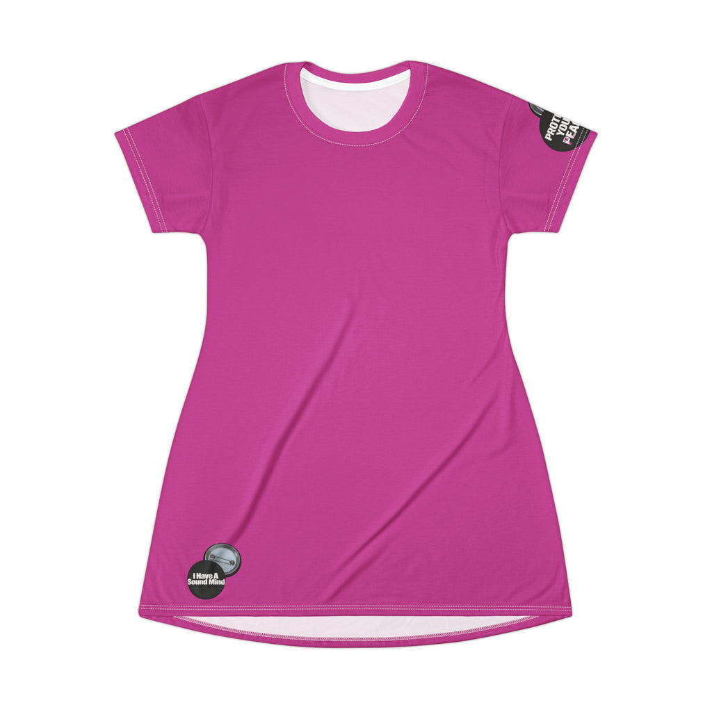 Magenta T-Shirt Dress I have a sound mind Graphic design right bottom and protect your peace on left sleeve.