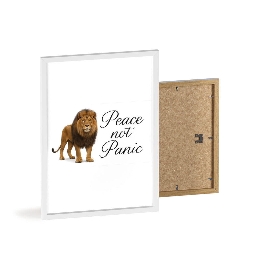 Peace Not Panic Lion Poster with Wooden Frame — Calming Wall Art for Home & Office