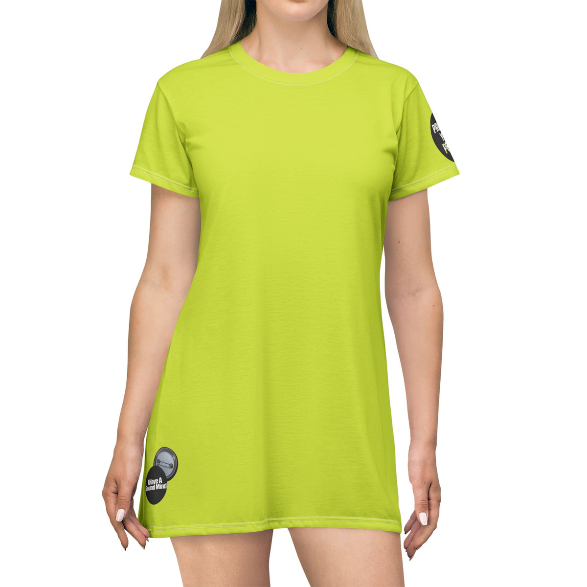Neon Lime T-Shirt Dress graphic design I have a sound mind.sleeve graphic protect your peace.