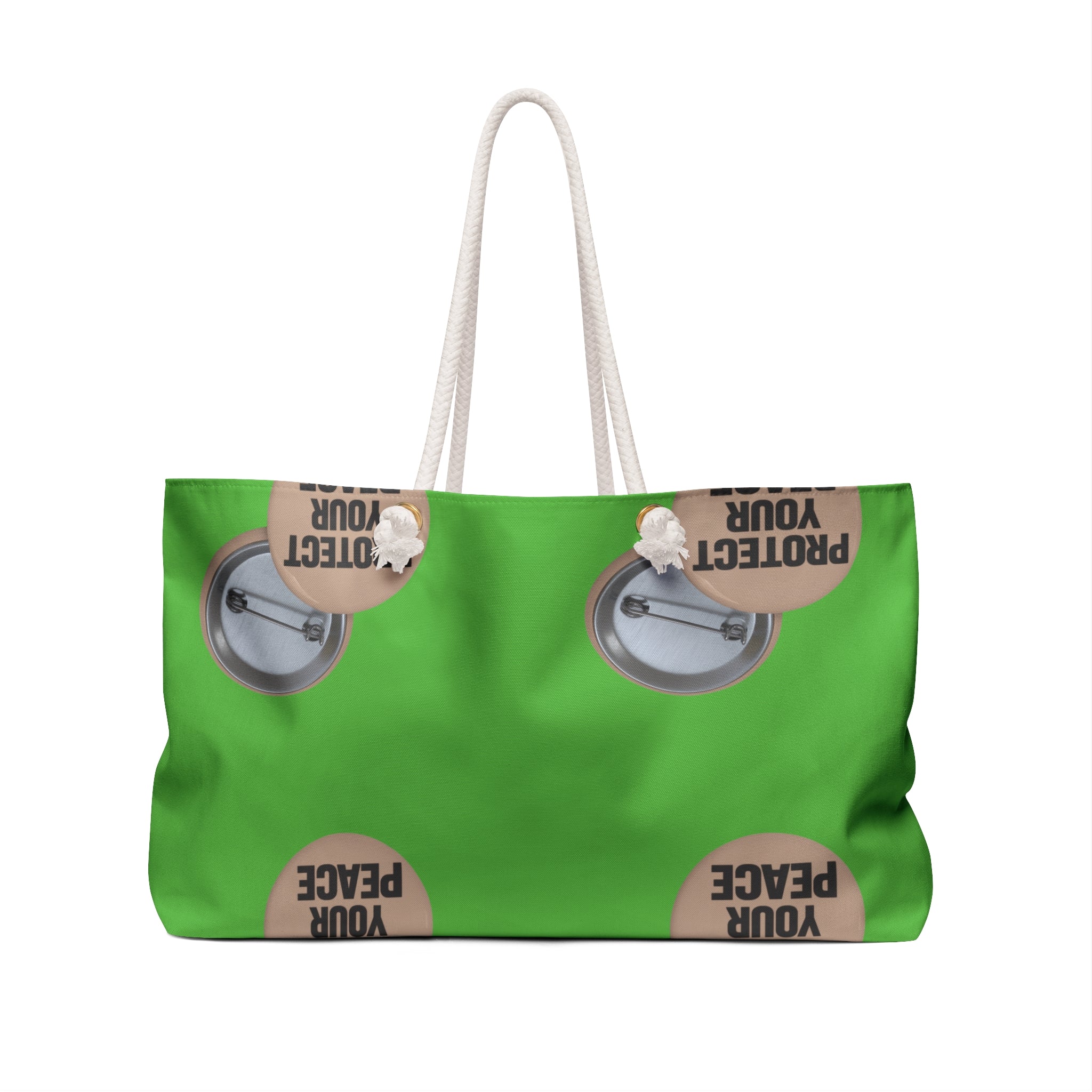 Protect Your Peace Weekender Bag — Green Travel Tote with Motivational Badge Design