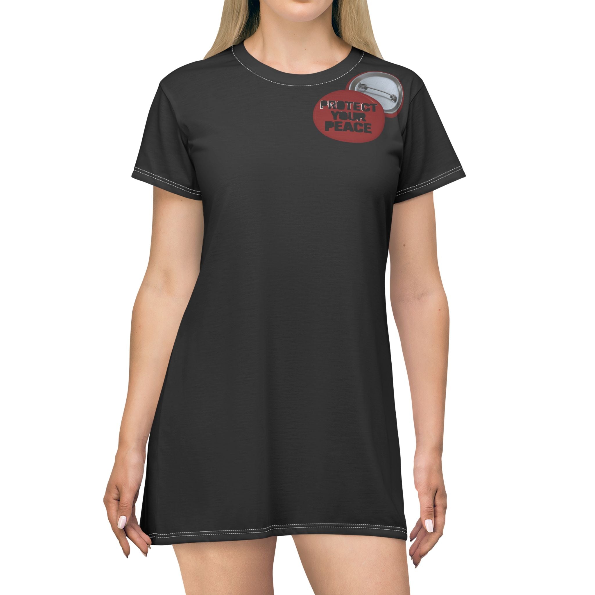 T-Shirt Dress — "Protect Your Peace" Button Graphic AOP Dress