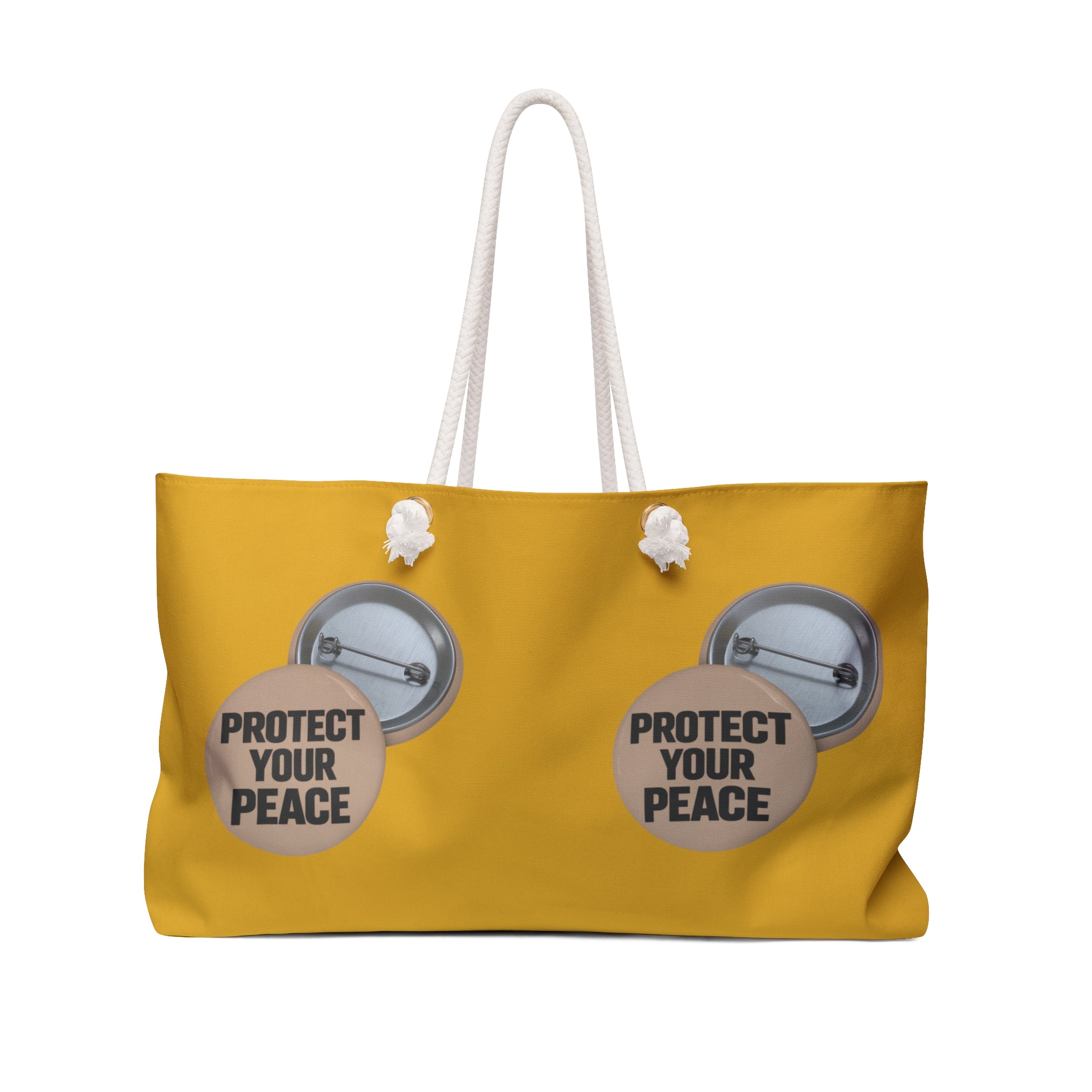 Protect Your Peace Weekender Bag — Yellow Travel Tote with Button Badge Print