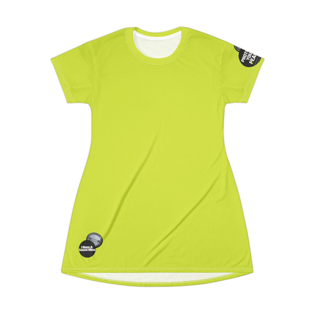Neon Lime T-Shirt Dress graphic design I have a sound mind.sleeve graphic protect your peace.