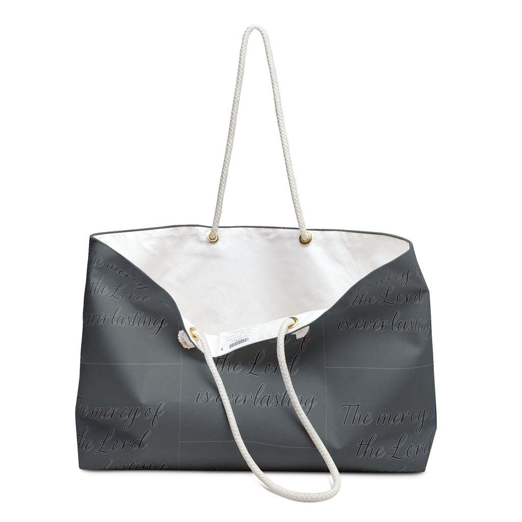 Weekender Bag — Olive Script "The mercy of the Lord is everlasting" Travel Tote