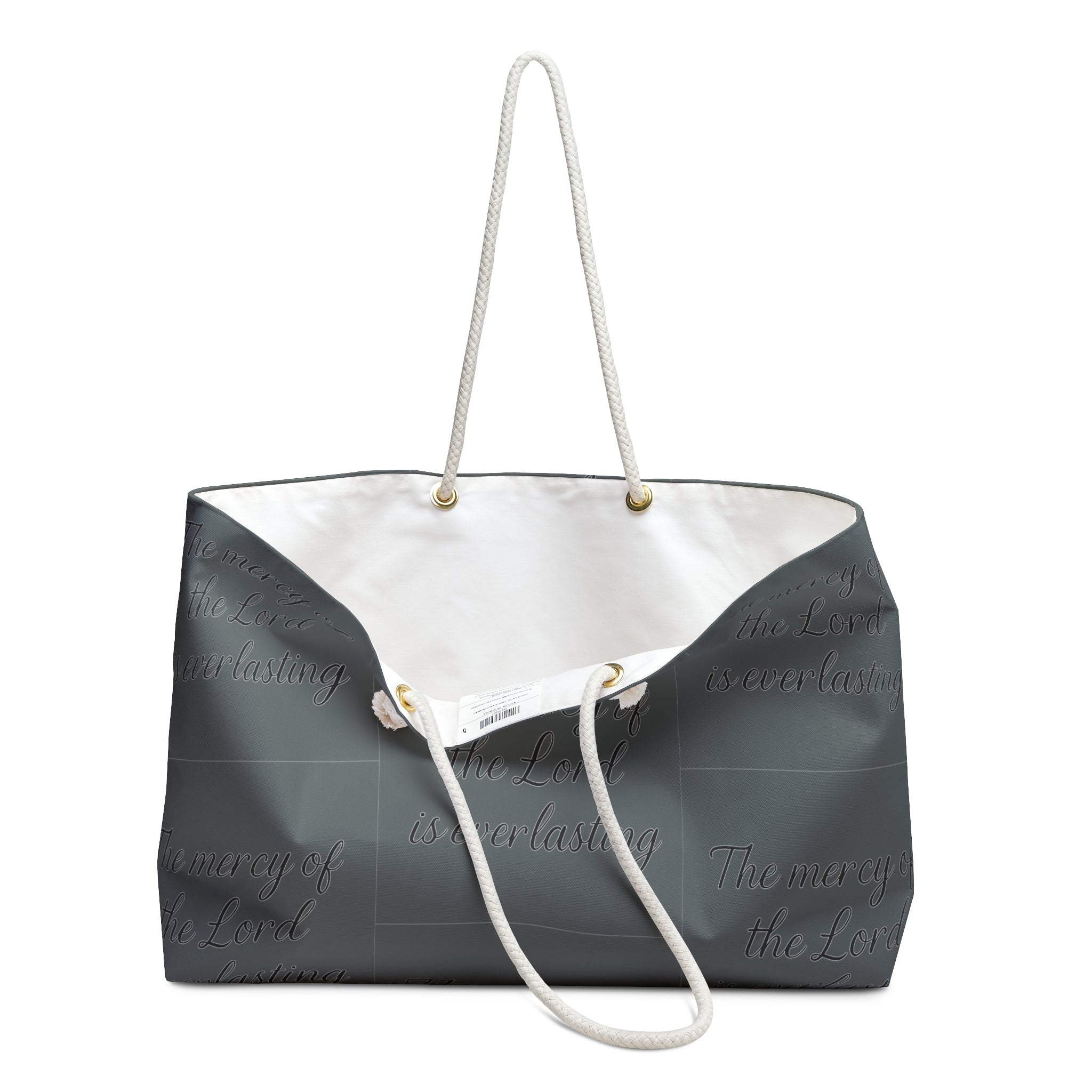 Weekender Bag — Olive Script "The mercy of the Lord is everlasting" Travel Tote