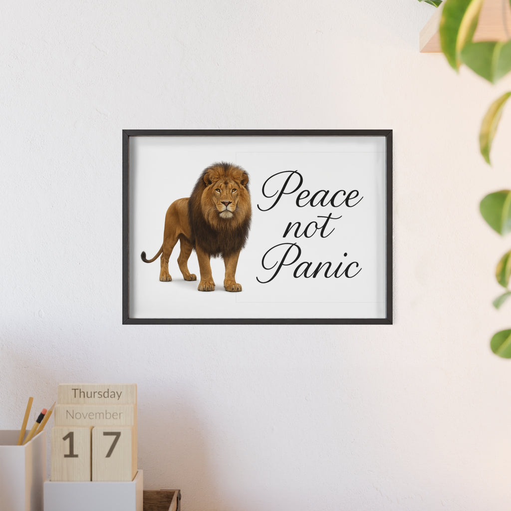 Peace Not Panic Lion Poster with Wooden Frame — Calming Wall Art for Home & Office