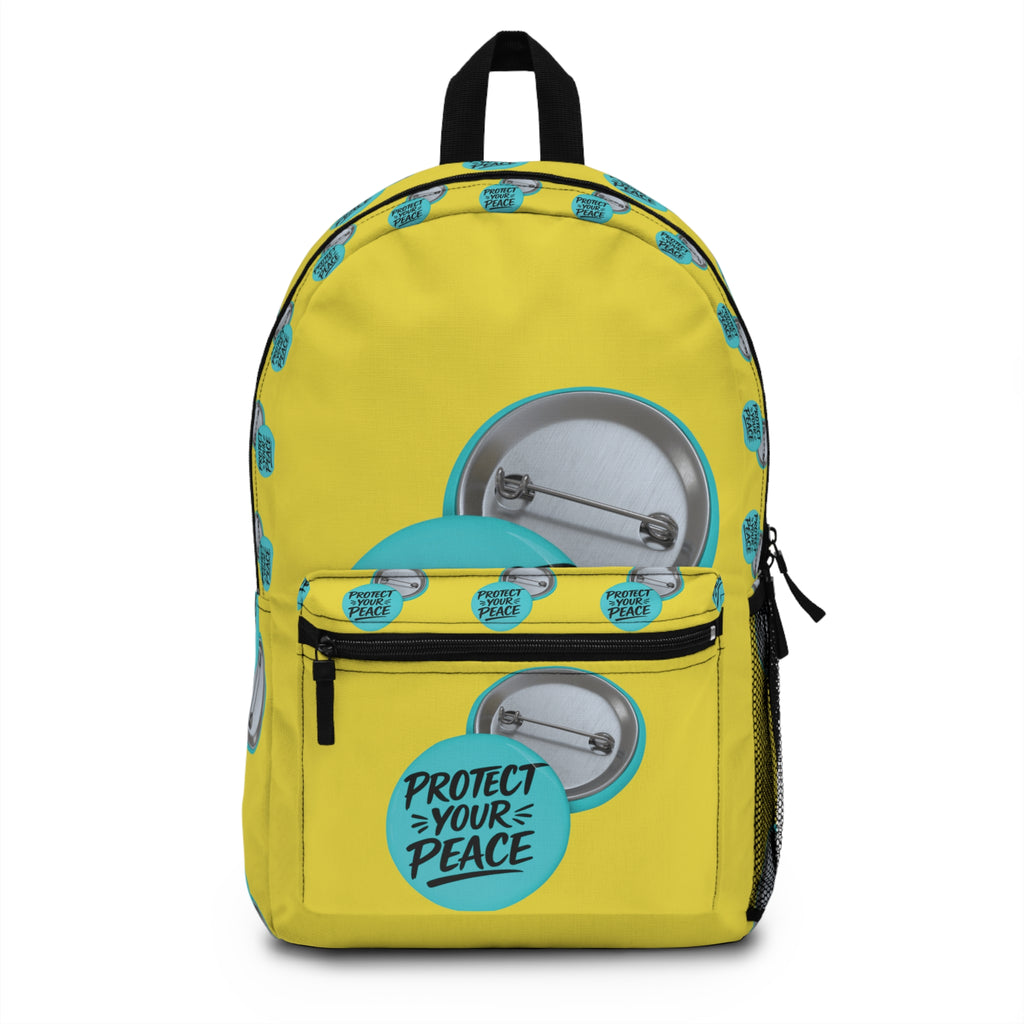 Protect Your Peace Backpack — Yellow Button Badge Pattern School Bag