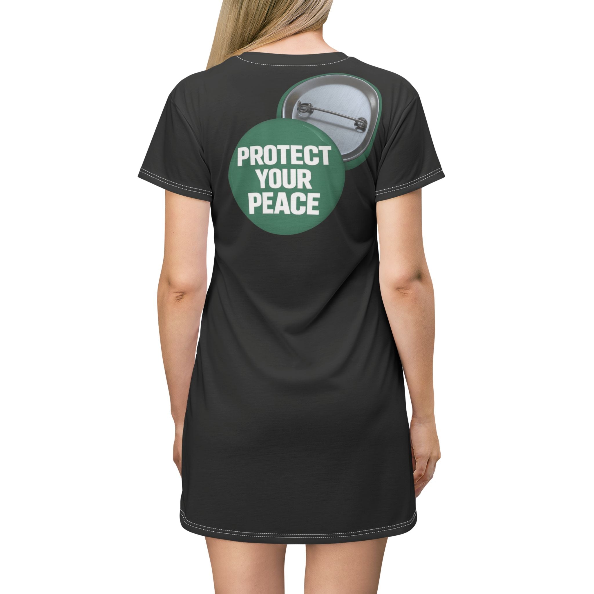 Protect Your Peace Button T‑Shirt Dress — Women's Casual AOP Graphic