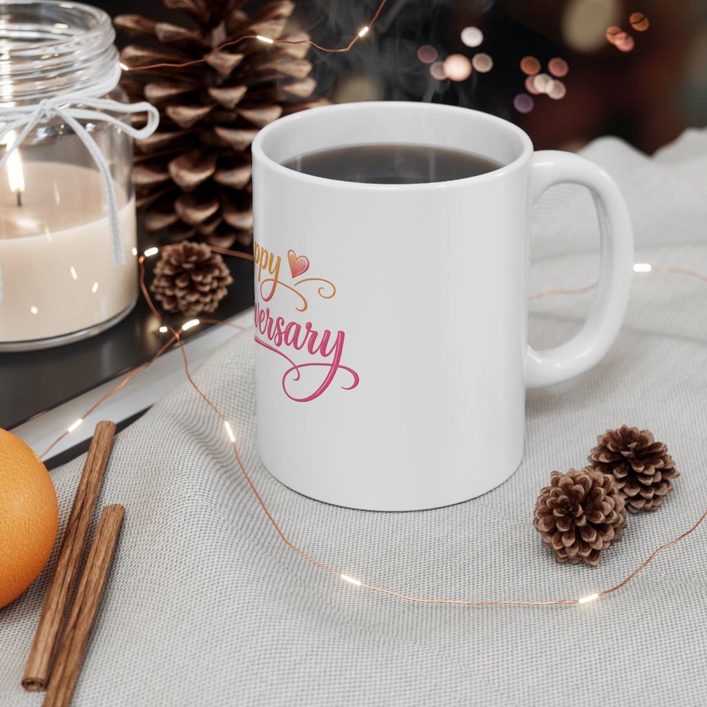 Happy Anniversary 11oz Mug — Romantic Heart Script Coffee Cup