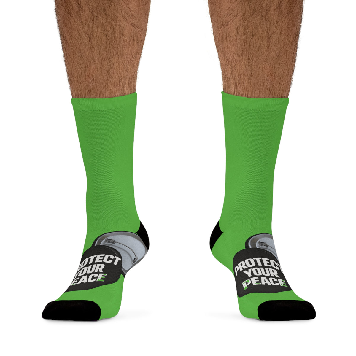 Protect Your Peace Green socks with graphic design .