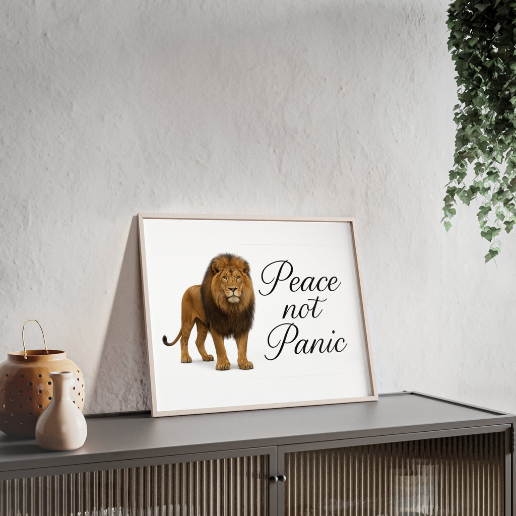 Peace Not Panic Lion Poster with Wooden Frame — Calming Wall Art for Home & Office
