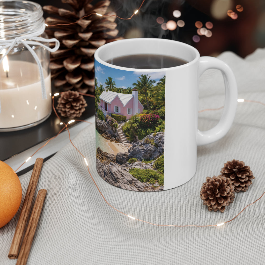 Tropical Beach Mug — Turquoise Ocean & Pink Cottage Coffee Cup
