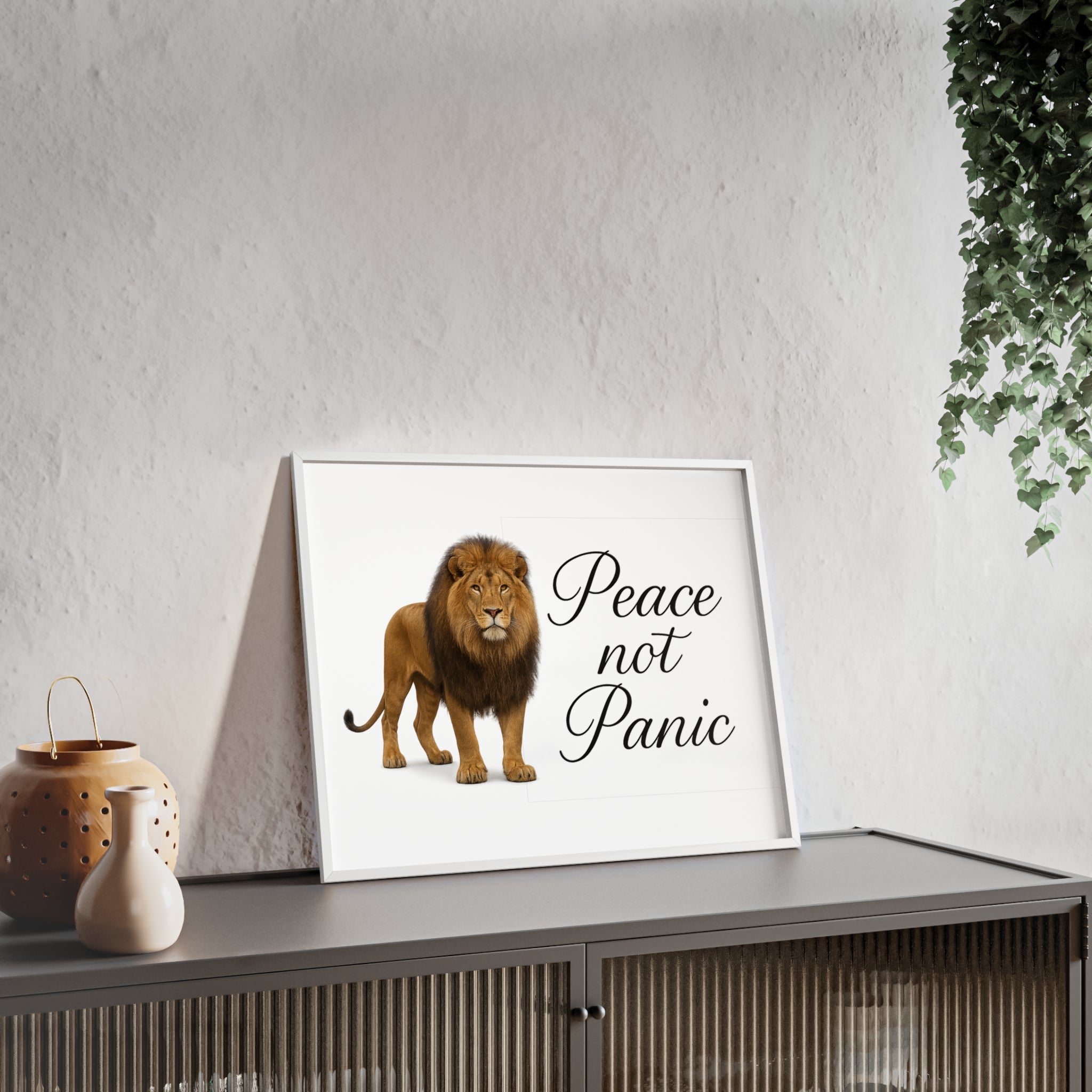 Peace Not Panic Lion Poster with Wooden Frame — Calming Wall Art for Home & Office