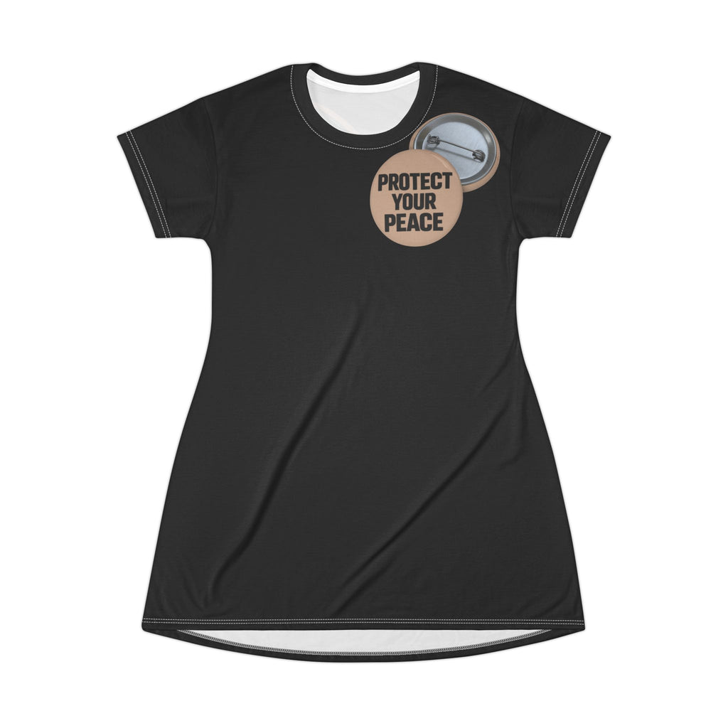 Protect Your Peace T‑Shirt Dress — Graphic Button Badge Design