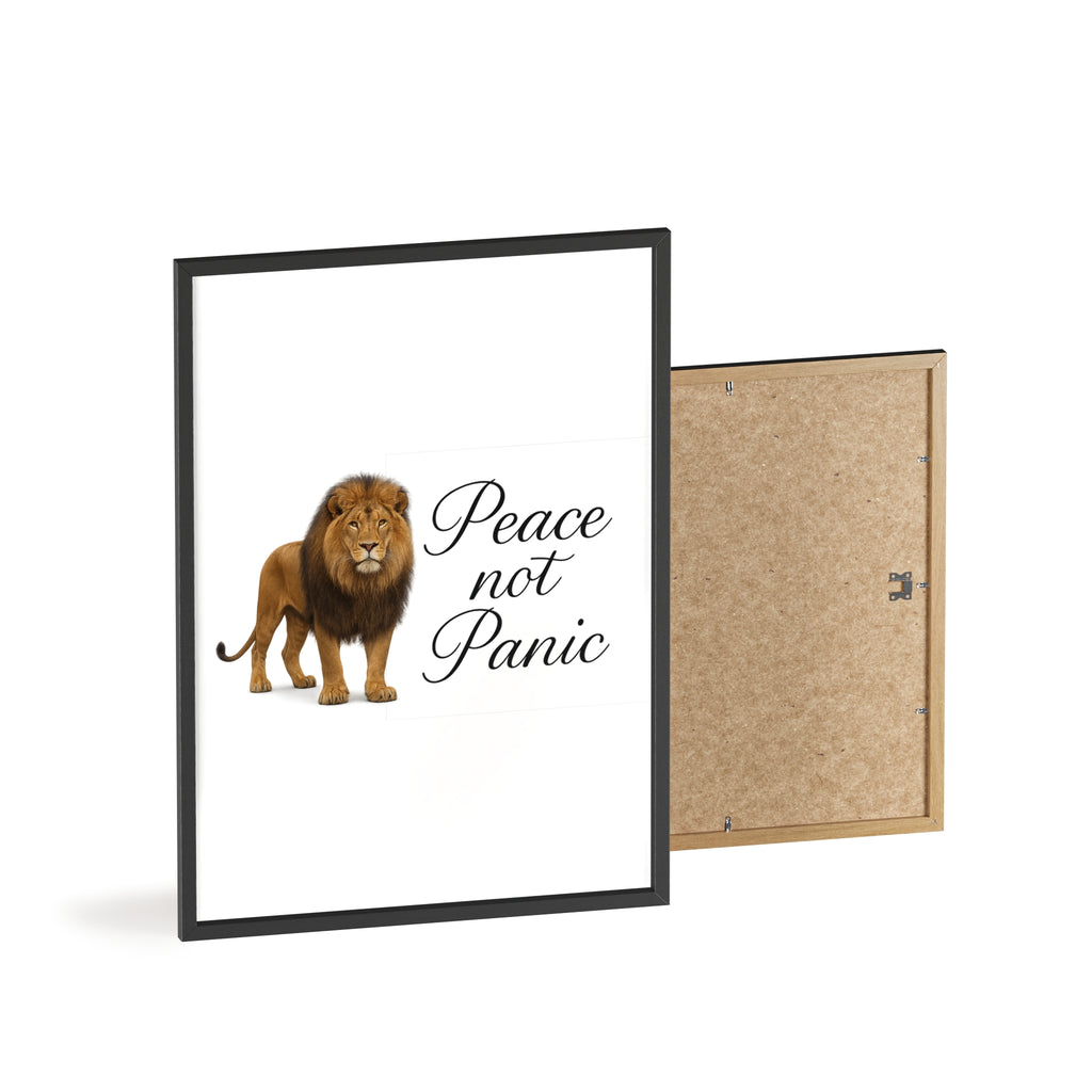Peace Not Panic Lion Poster with Wooden Frame — Calming Wall Art for Home & Office