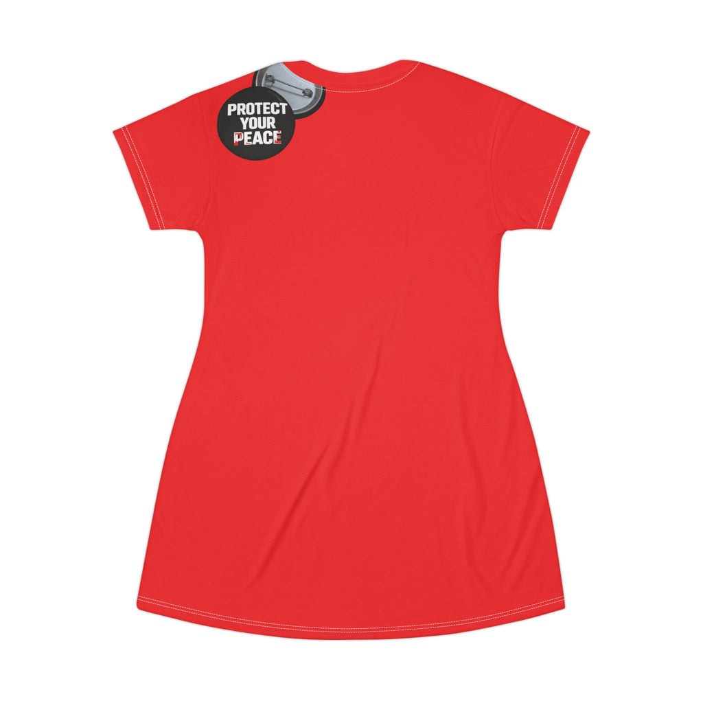 Protect Your Peace T‑Shirt Dress — Red Graphic AOP