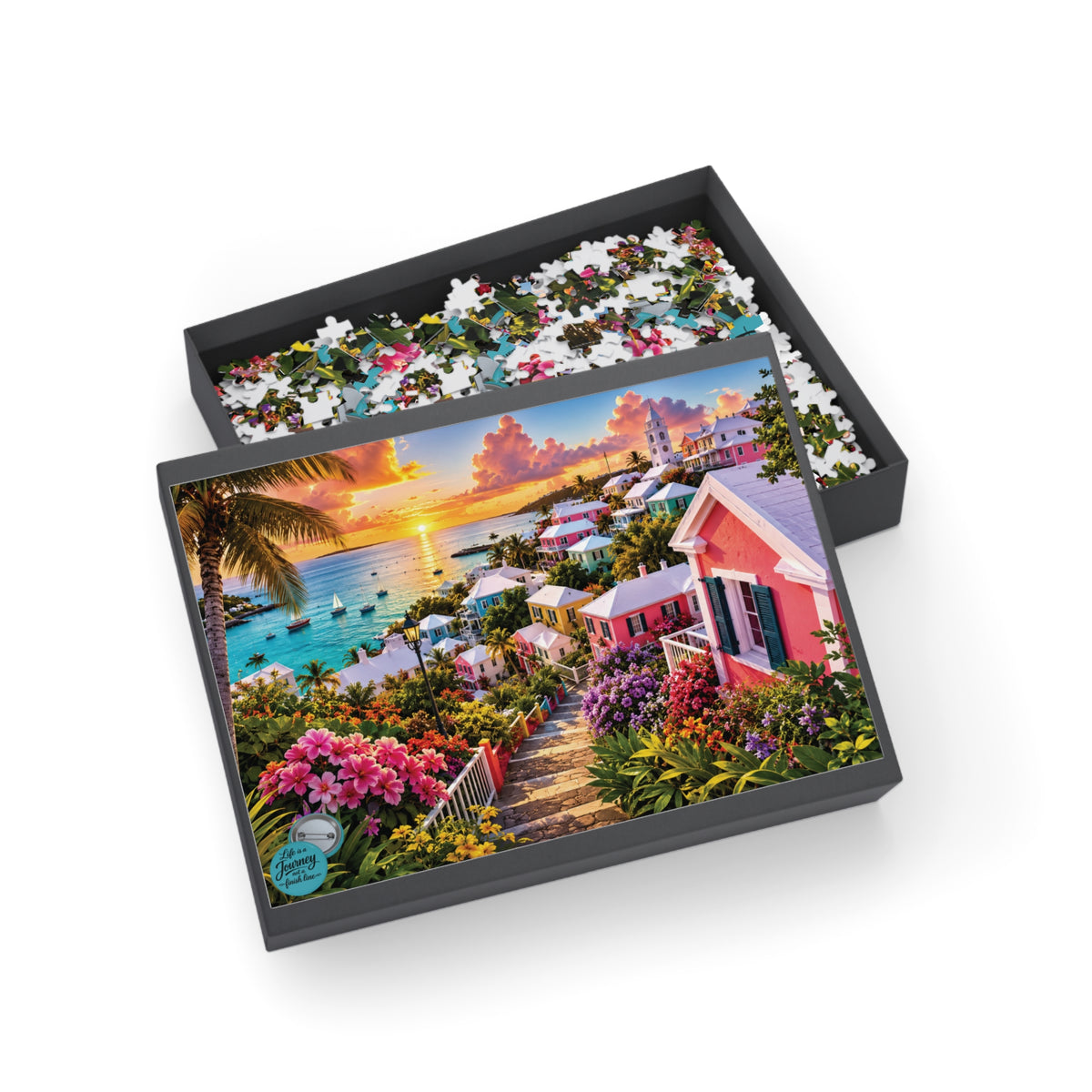 Coastal Cottage Sunset Puzzle — Scenic Beach Village Jigsaw (96/252/500/1000 pcs)
