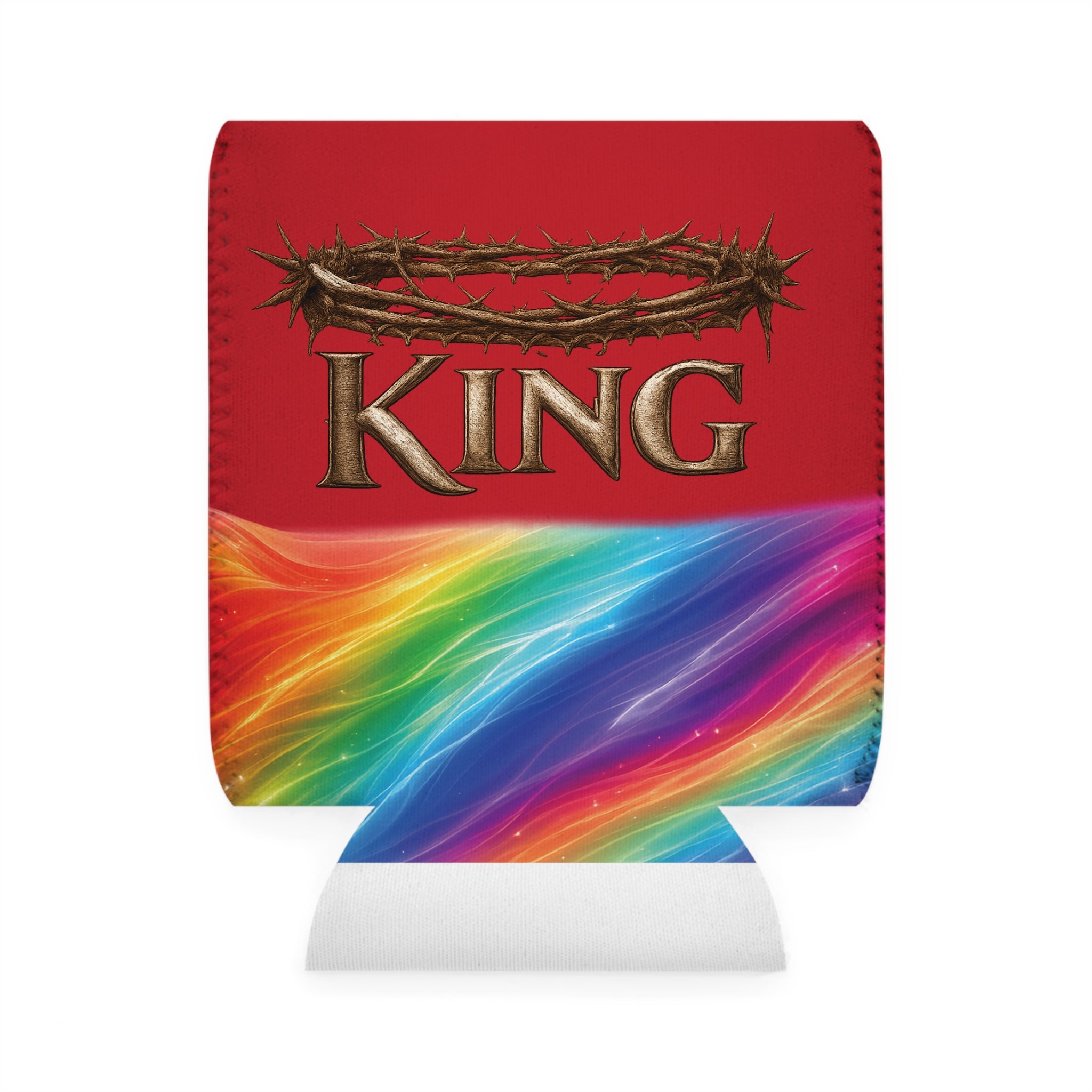 Can Cooler Sleeve — “The King” Rainbow Christian Crown Design