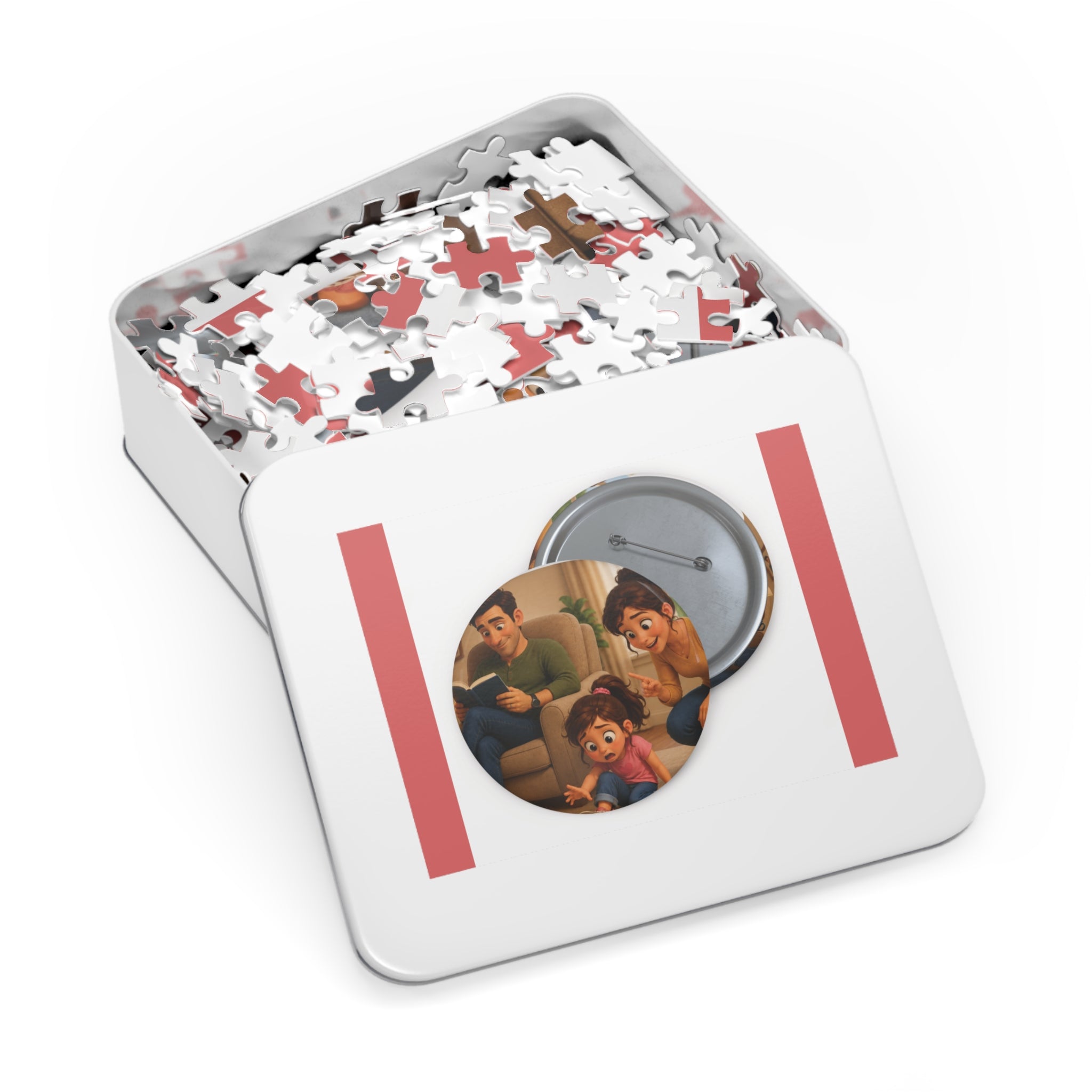 Family Moment 252-Piece Round Tin Puzzle — Cute Parents & Kid Illustration