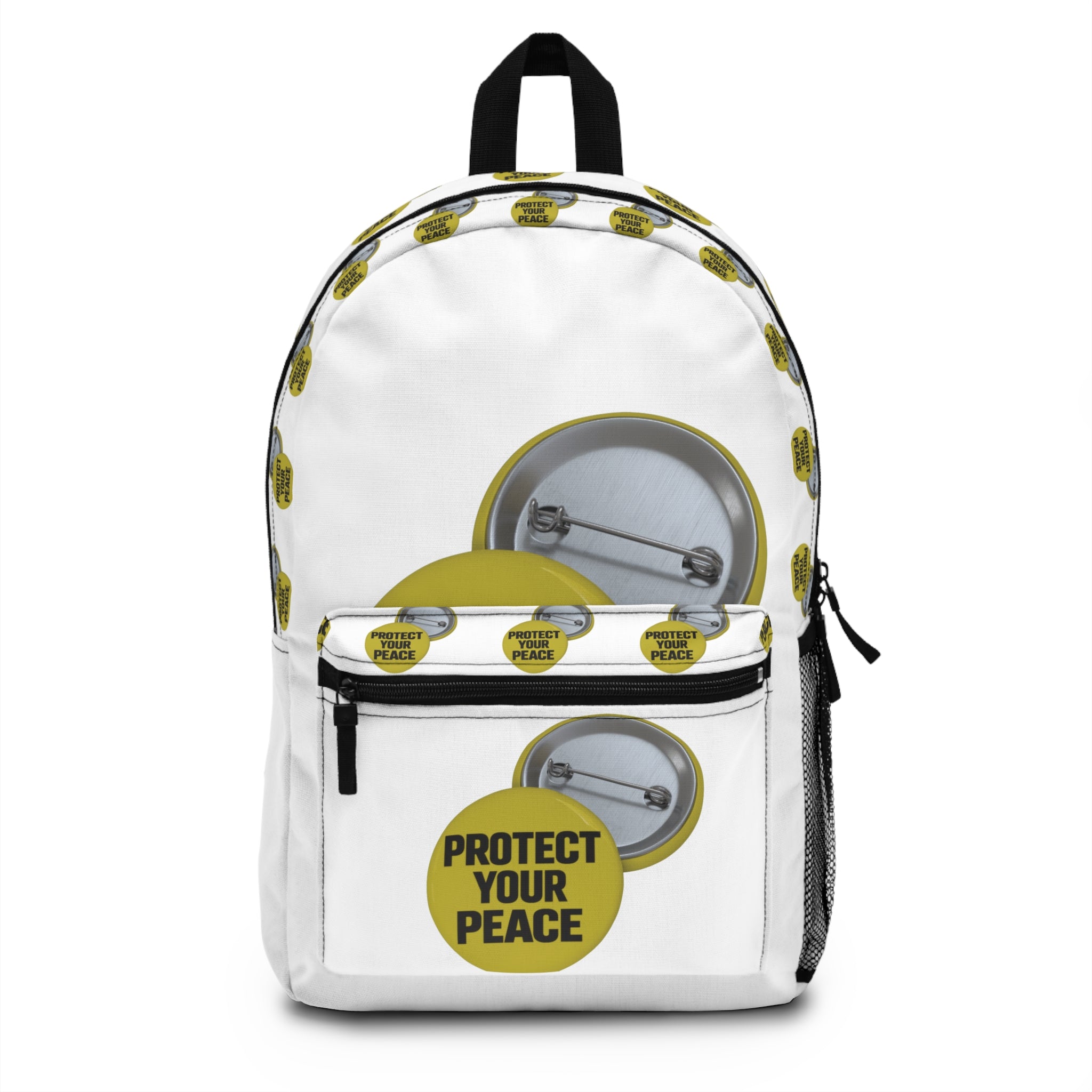 Protect Your Peace Backpack — Yellow Button Graphic Backpack for Students & Everyday Use