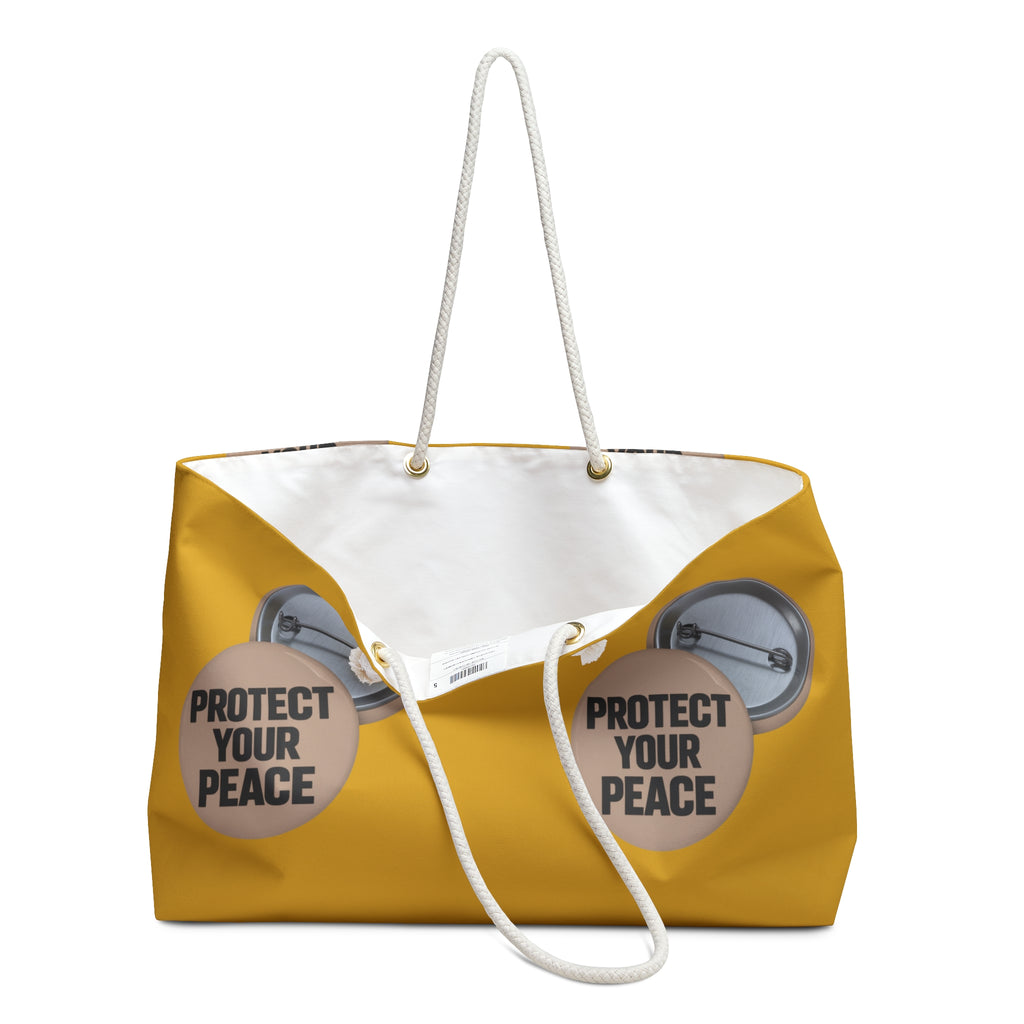 Protect Your Peace Weekender Bag — Yellow Travel Tote with Button Badge Print