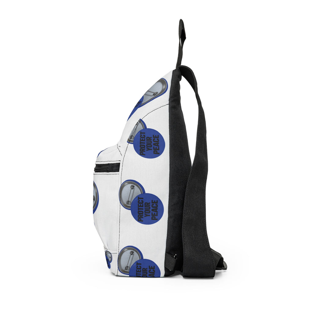 Protect Your Peace Sling Bag – White Crossbody Pack with Blue ‘Protect Your Peace’ Button Design