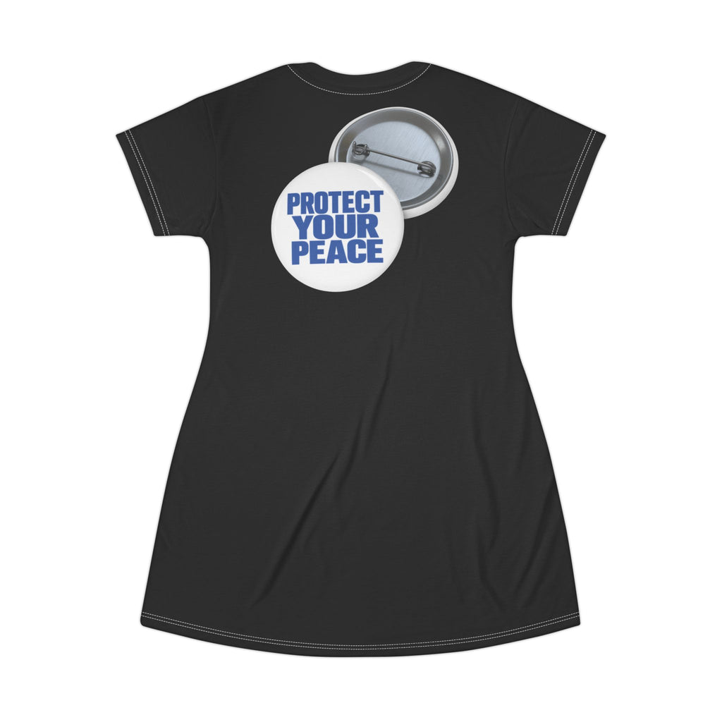 Protect Your Peace T‑Shirt Dress — Button Badge Graphic AOP