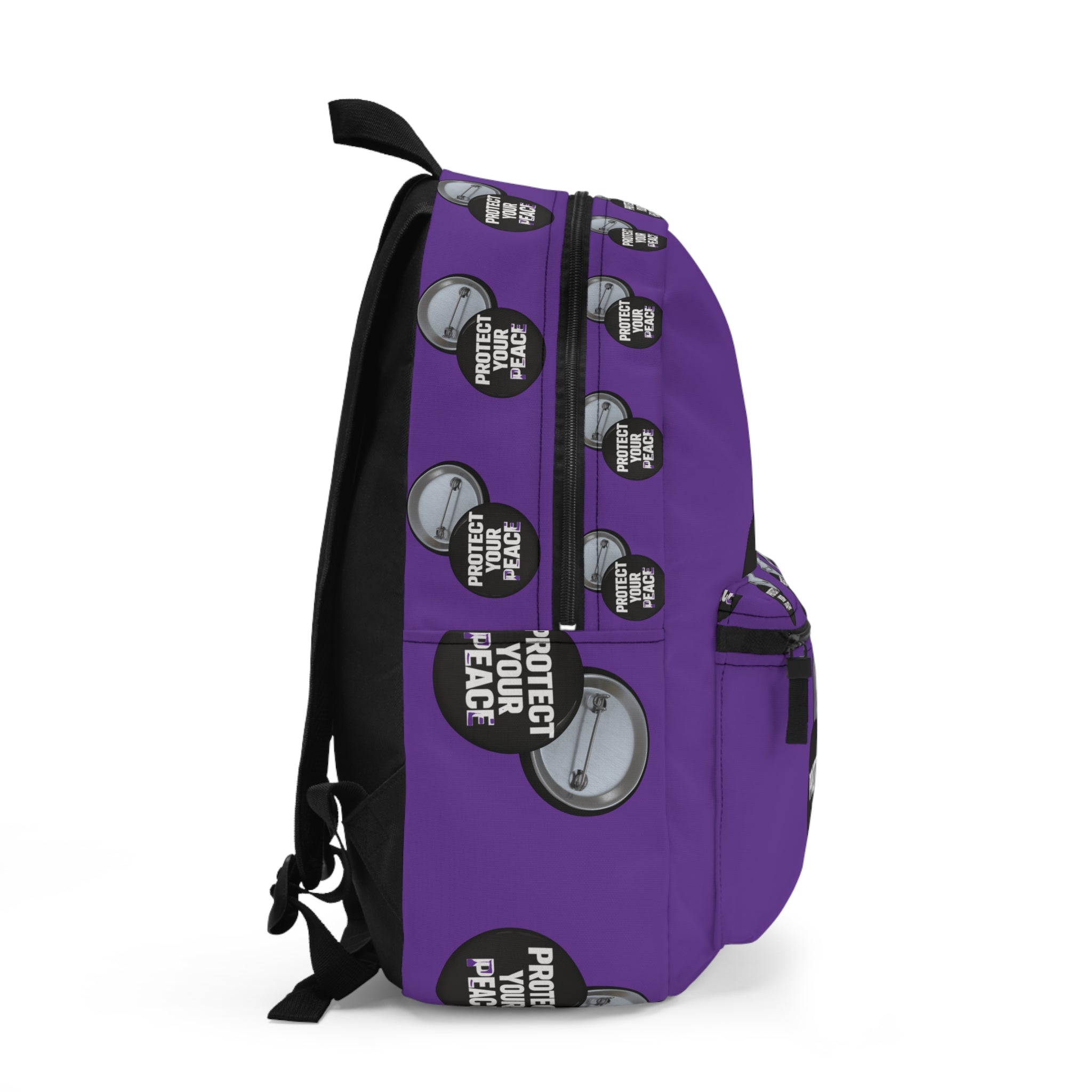Protect Your Peace Button Backpack — Purple Printed School & Everyday Bag