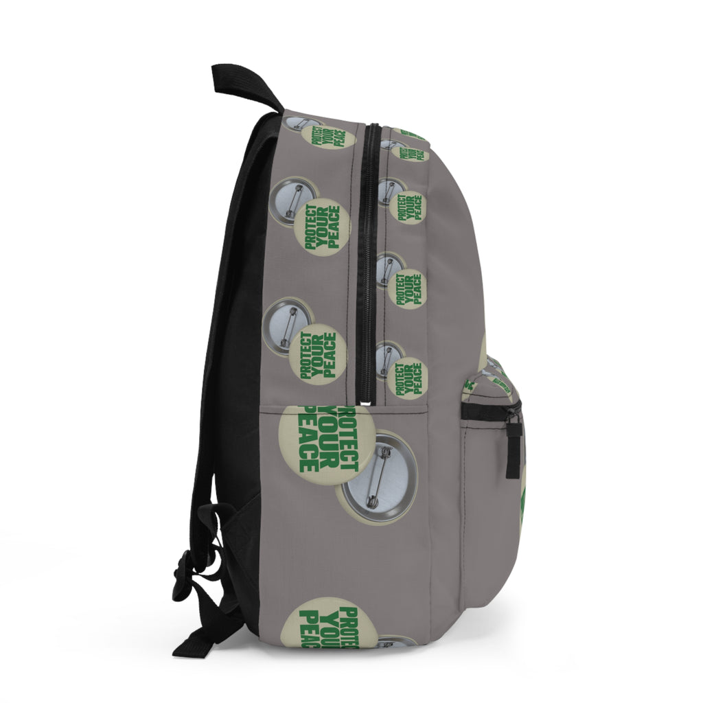 Protect Your Peace Button Pattern Backpack — Neutral Gray Daypack for School & Travel