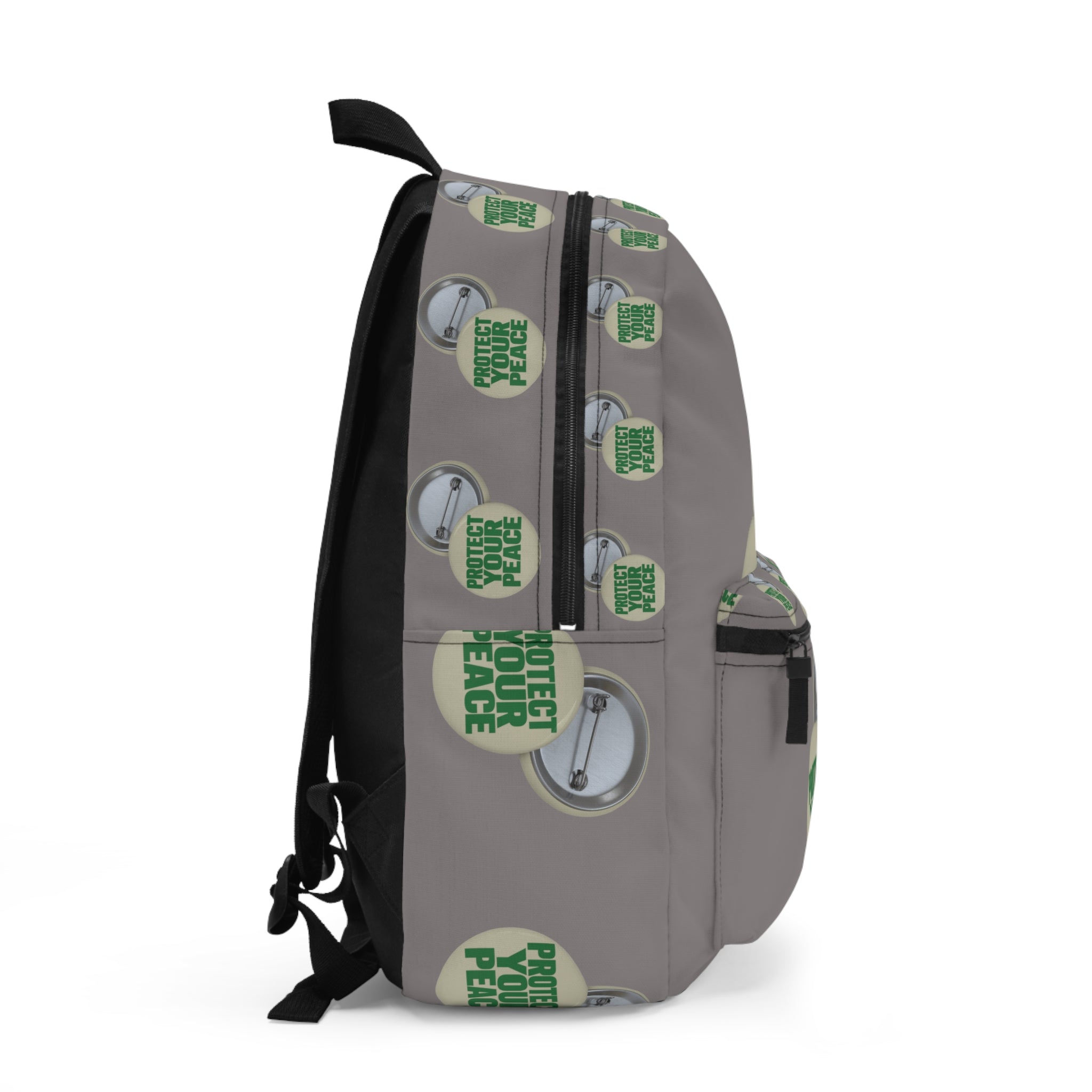 Protect Your Peace Button Pattern Backpack — Neutral Gray Daypack for School & Travel