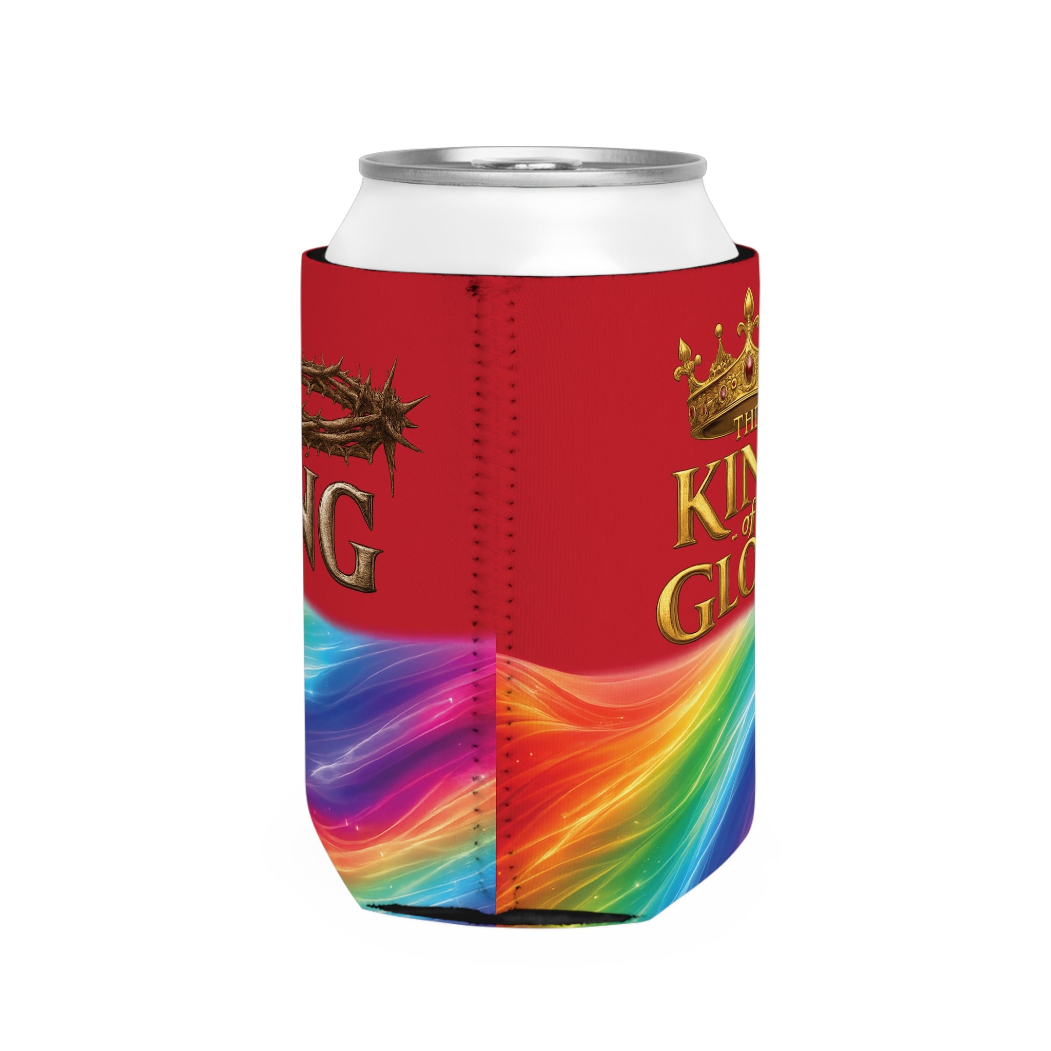 Can Cooler Sleeve — “The King” Rainbow Christian Crown Design