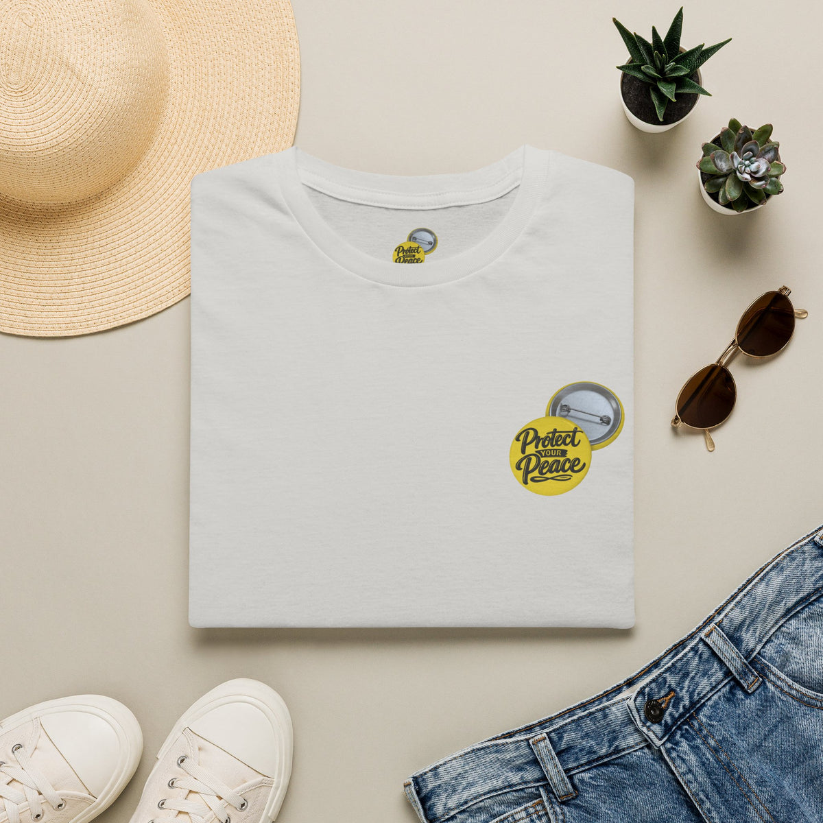 T-Shirt — 'Protect the Peace' Yellow Badge Casual Tee