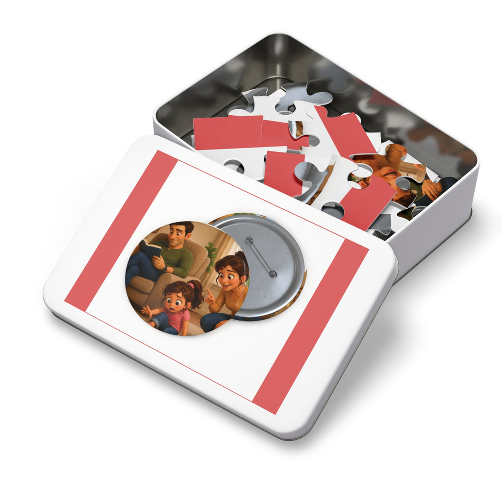 Family Moment 252-Piece Round Tin Puzzle — Cute Parents & Kid Illustration