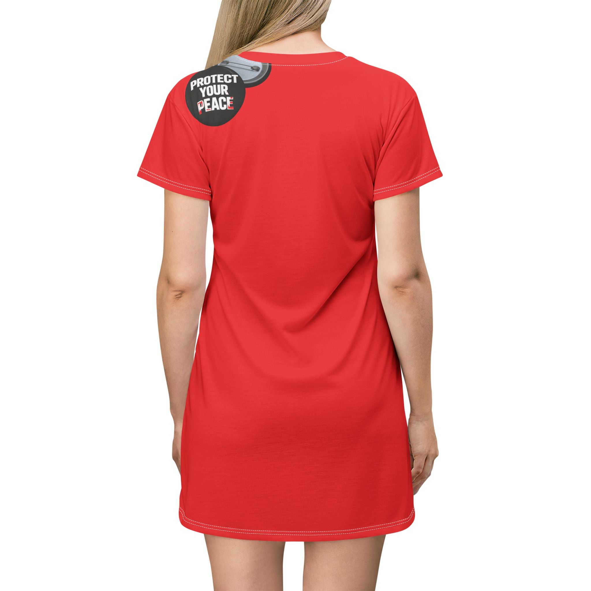 Protect Your Peace T‑Shirt Dress — Red Graphic AOP