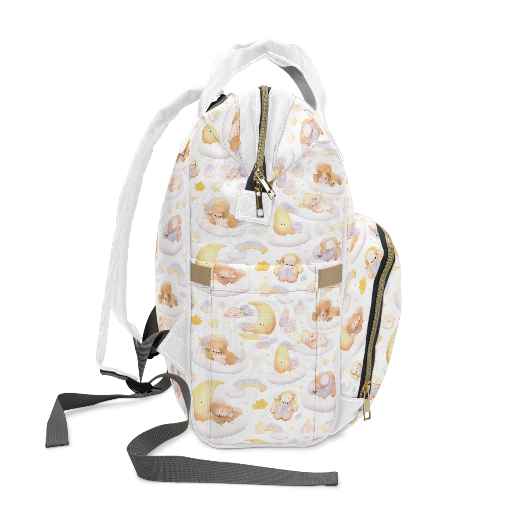 Diaper Backpack — Pastel Baby Cloud Print with “God Stands in the Congregation of the Mighty” Front Pocket