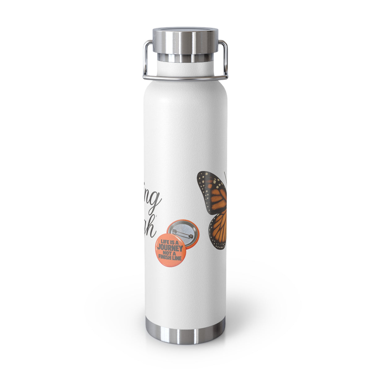 The circular graphic design reminds us to Protect Your Peace Flying High Monarch Butterfly Insulated Water Bottle — 22oz Vacuum Flask