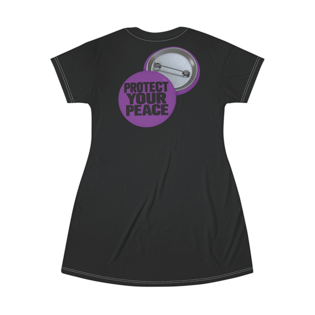 Protect Your Peace T-Shirt Dress — Black AOP Casual Dress with Back Button Badge Graphic